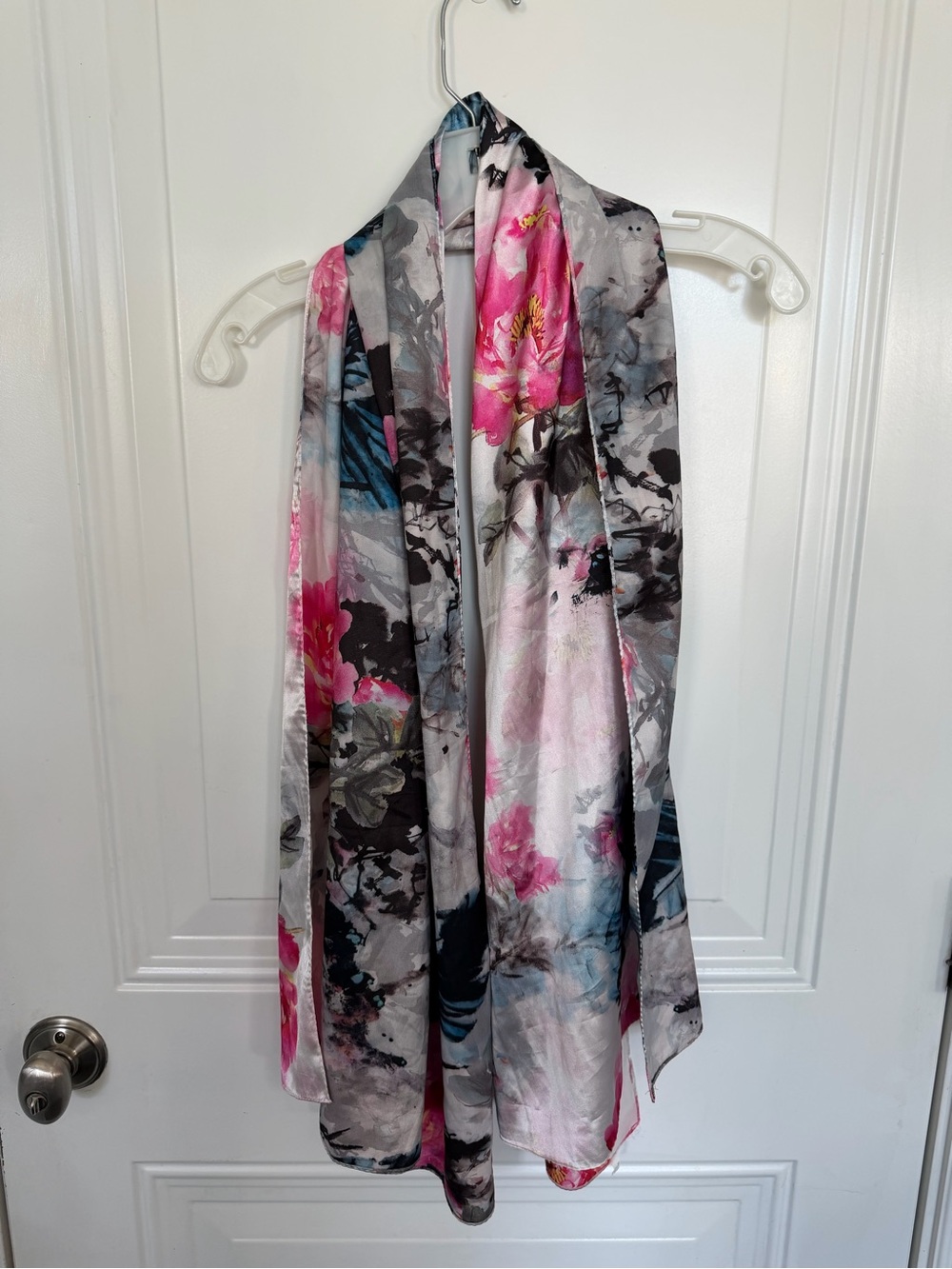 Silk Floral Print Lightweight Women’s Scarf - Pink & Gray